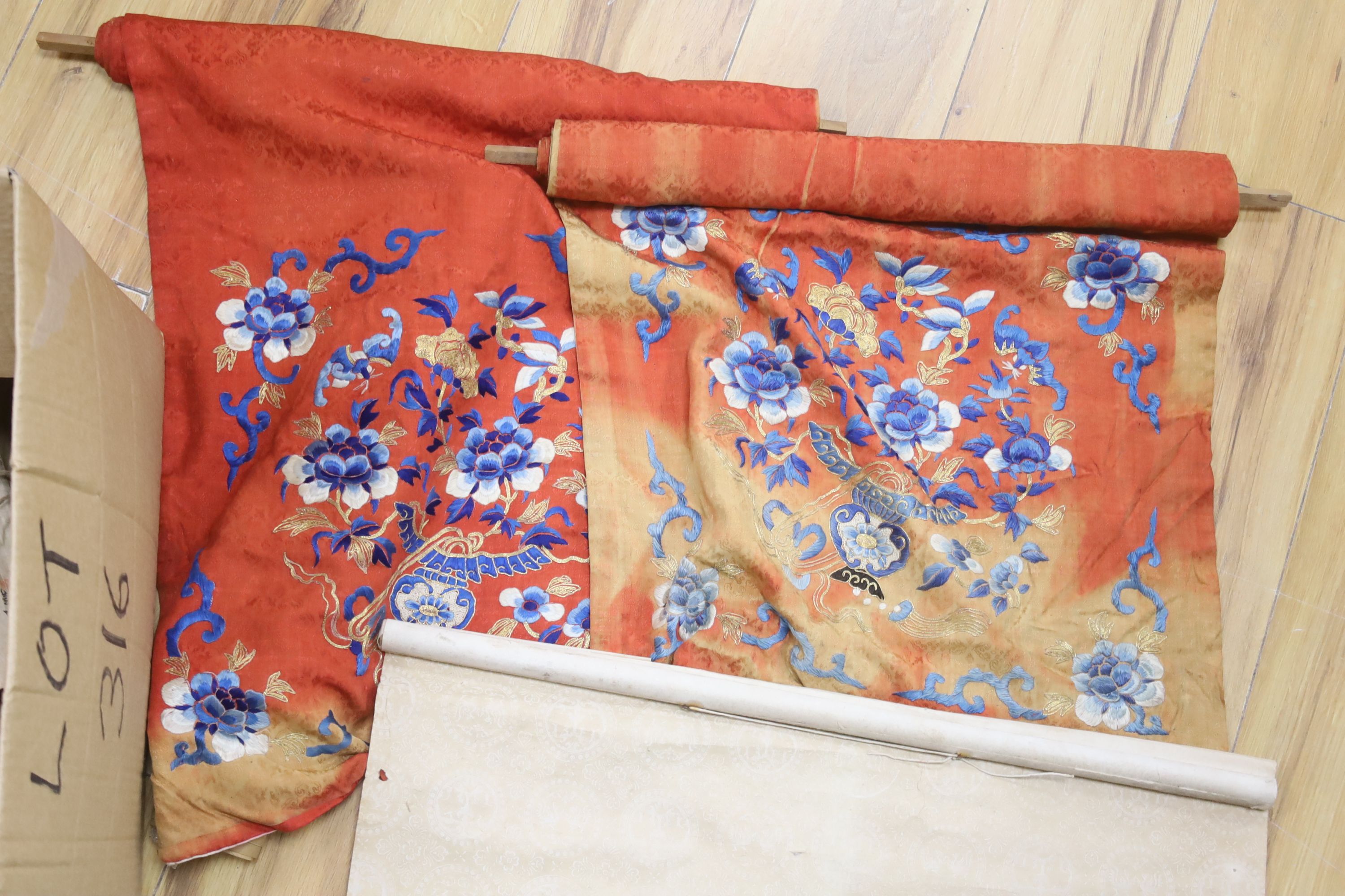 A pair of Chinese embroidered brocade panels and various printed scrolls etc.